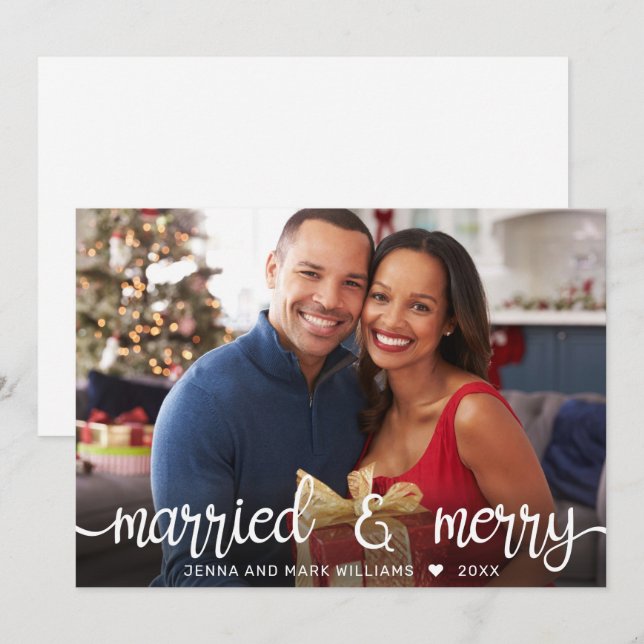Modern White Script Married and Merry Photo Holiday Card (Front/Back)