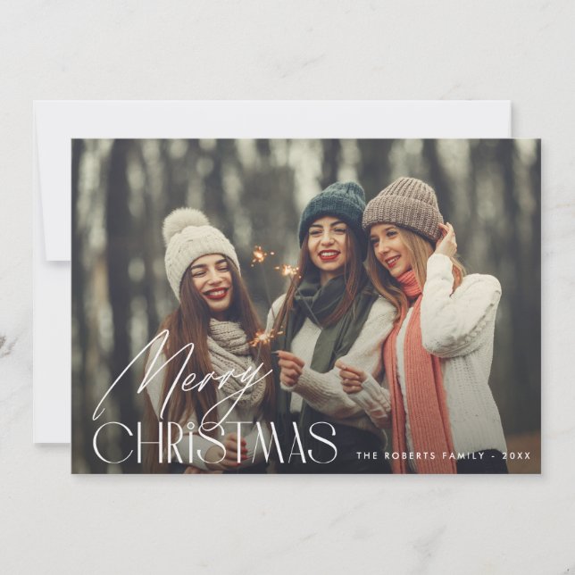 modern white script merry christmas photo card (Front)