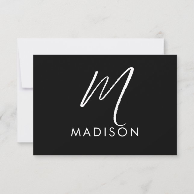 Modern White Script Monogram Initial Minimal Black Note Card (Front)