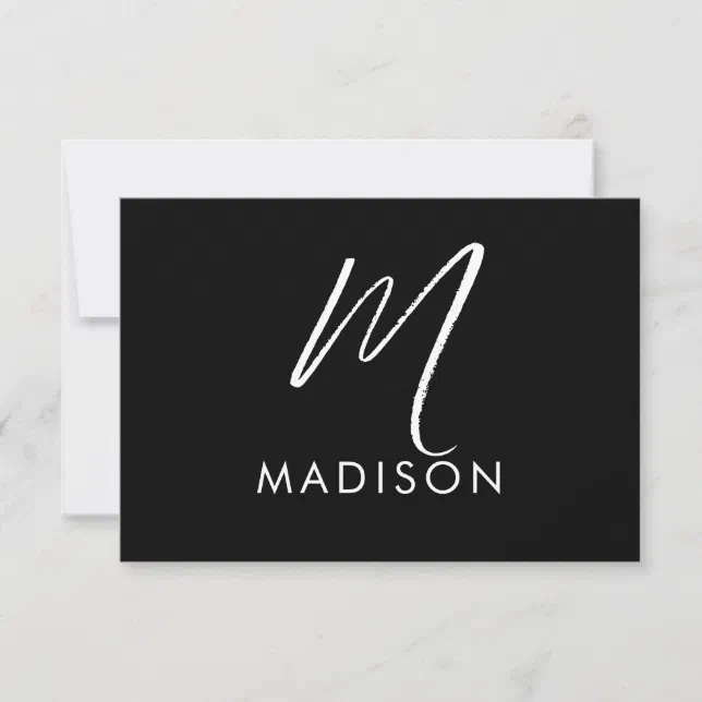 Modern White Script Monogram Initial Minimal Black Note Card | Zazzle