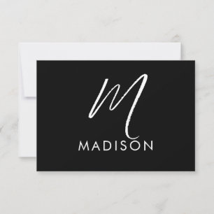 Modern White Script Monogram Initial Minimal Black Note Card