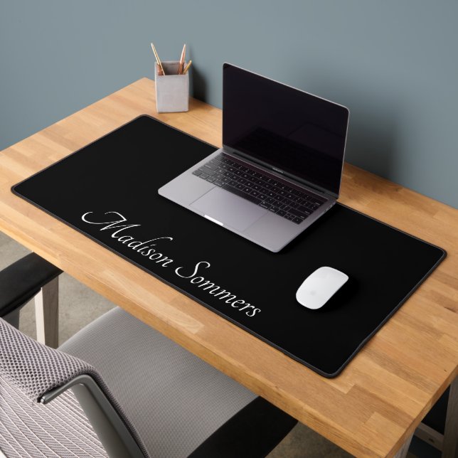 Modern White Script Name On Black Desk Mat (Office 2)