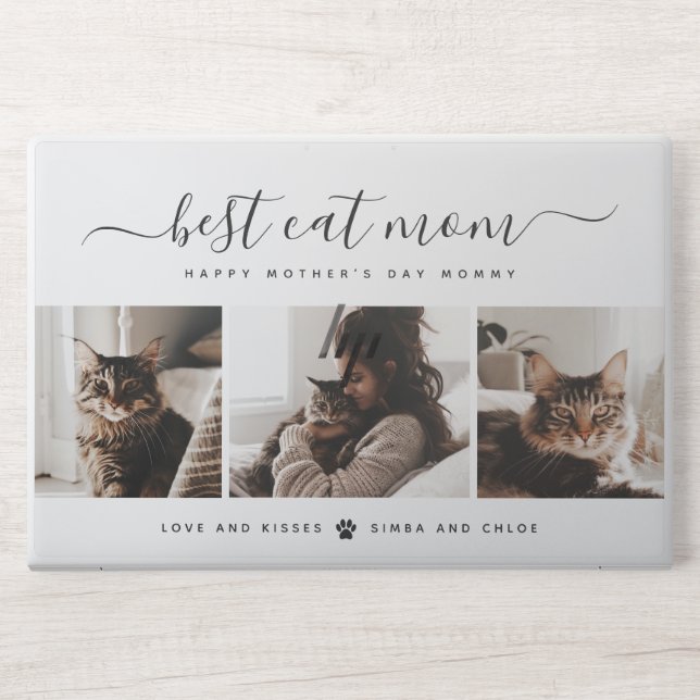 Modern White Script Photo Best Cat Mom Mothers Day HP Laptop Skin (Front)