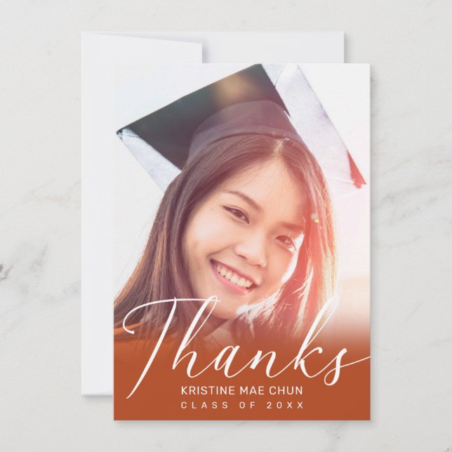 Modern White Script Photo Burnt Orange Graduation Thank You Card (Front)