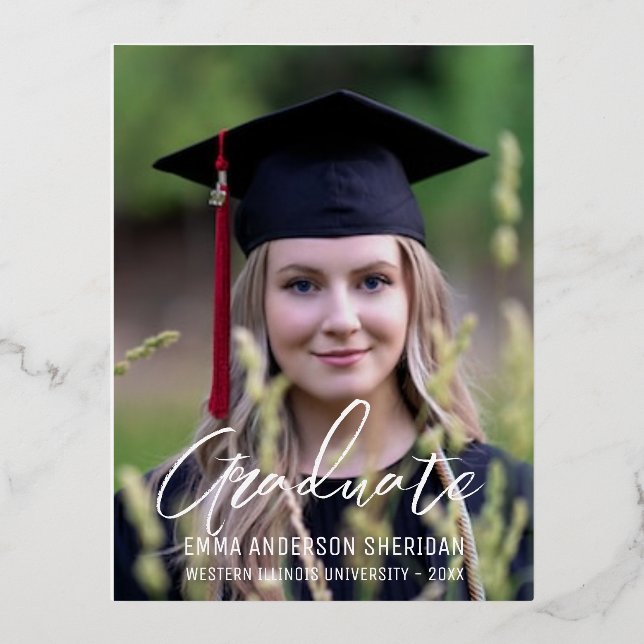 Modern White Script Photo Foil Invitation (Front)