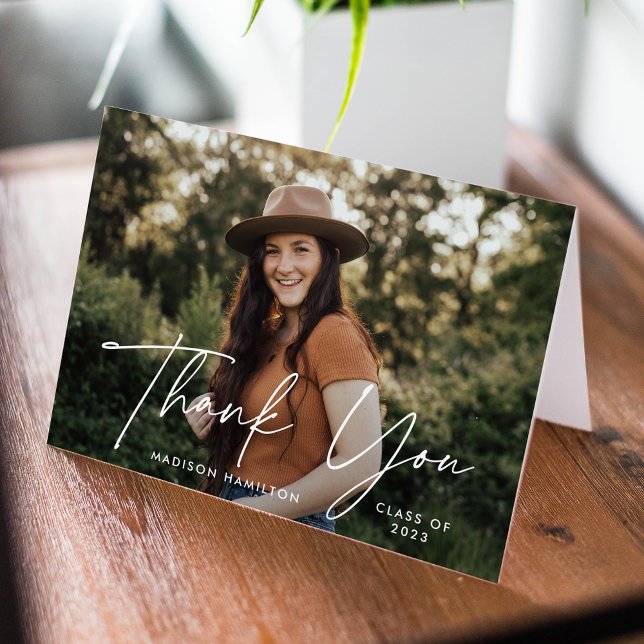 Modern White Script Photo Graduation Letterpress Thank You Card (Creator Uploaded)