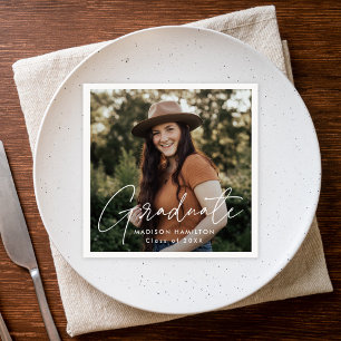Modern White Script Photo Graduation Napkins