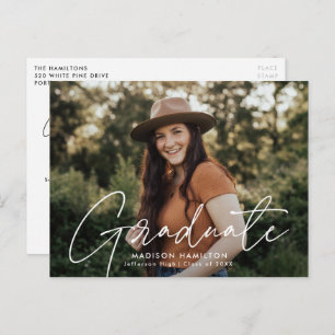 Modern White Script Photo Graduation Party Invitation Postcard