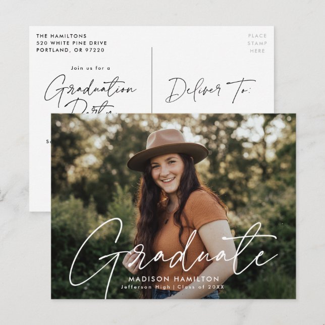 Modern White Script Photo Graduation Party Invitation Postcard (Front/Back)