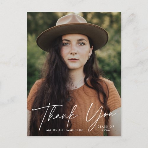 Modern White Script Photo Graduation Thank You Postcard