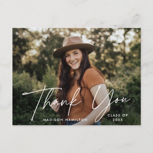 Modern White Script Photo Graduation Thank You Postcard