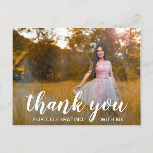 Modern White Script Photo Graduation Thank You Postcard