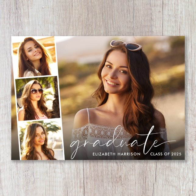 Modern White Script Photo Overlay Graduation Announcement (Cherish the milestone: share your graduate's achievement with a custom photo graduation announcement)