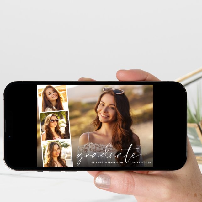 Modern White Script Photo Overlay Graduation Announcement (Front Digital)