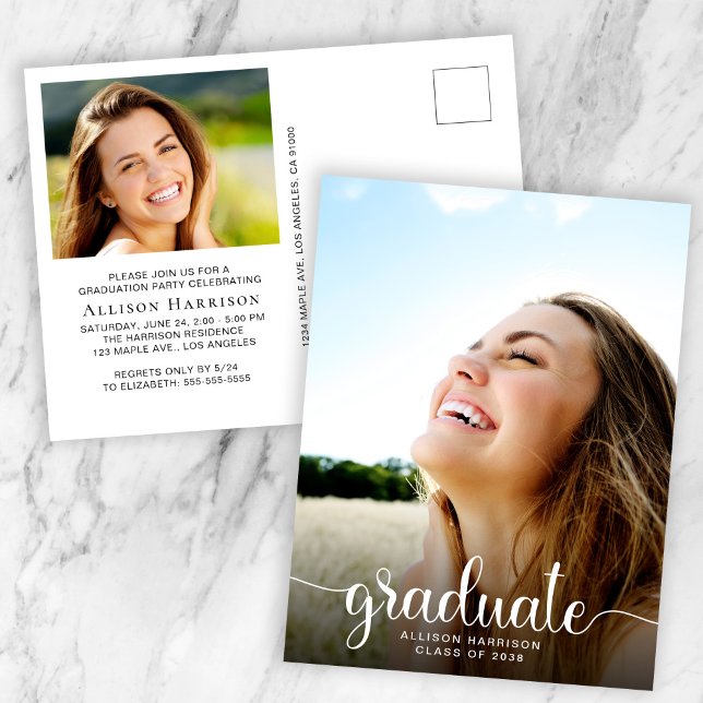 Modern White Script Photo Overlay Graduation Party Invitation Postcard (A modern photo graduation party invitation postcard to celebrate the graduate's achievements)