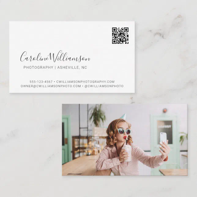 Modern White Script Photo QR Code Minimal Trendy Business Card | Zazzle