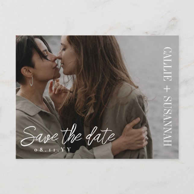 Modern White Script Photo Save the Date Announcement Postcard (Front)