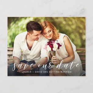 Modern White Script Photo Wedding Save the Date Announcement Postcard