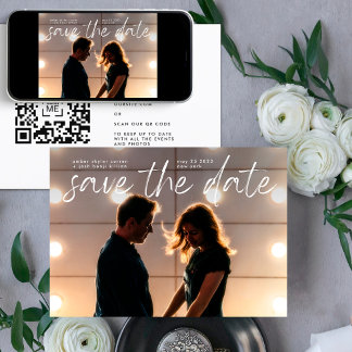 Modern White Script QR code Save The Date Invitation