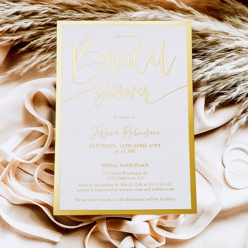 Modern white script trendy bridal shower gold foil invitation