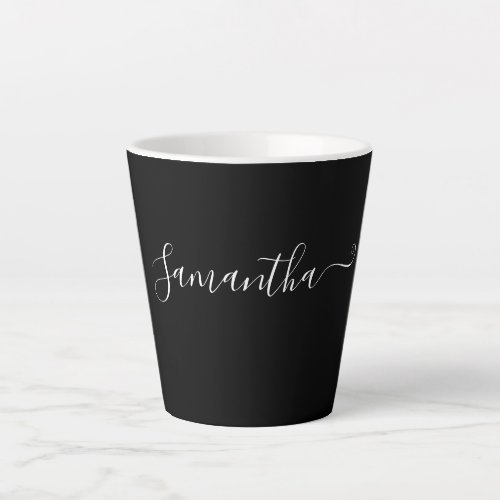 Modern White Script Typography Name On Black Latte Mug