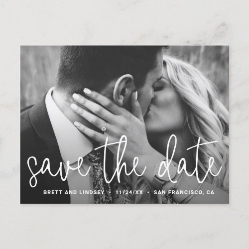 Modern White Script Typography Photo Save the Date Announcement Postcard