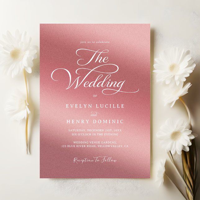 Modern White Script Typography Rose Gold Wedding Invitation (Creator Uploaded)
