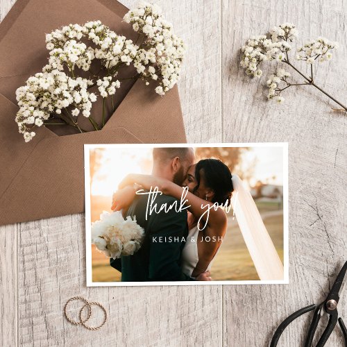 Modern White Script Wedding Photo Small Thank You