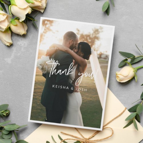 Modern White Script Wedding Photo Thank You