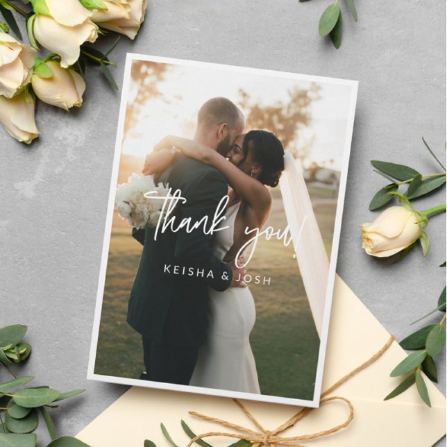 Modern White Script Wedding Photo Thank You Card (Creator Uploaded)