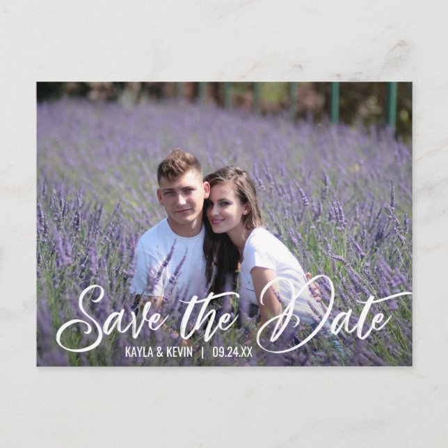 Modern White Script Wedding SAVE THE DATE | PHOTO Announcement Postcard (Front)