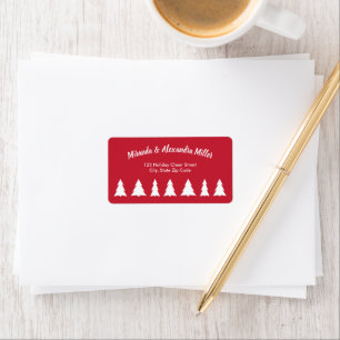 Modern White Script with Christmas Trees on Red Label