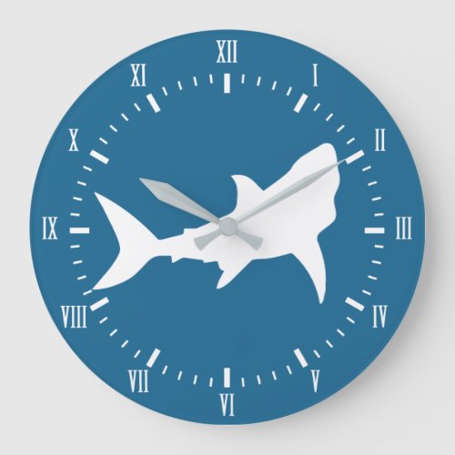 Modern White Shark Silhouette  Blue Large Clock