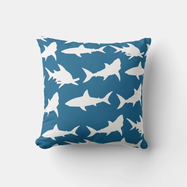 Modern White Shark Silhouettes & Ocean Blue Throw Pillow (Front)