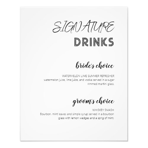 Modern White Signature Drinks Wedding Bar Poster