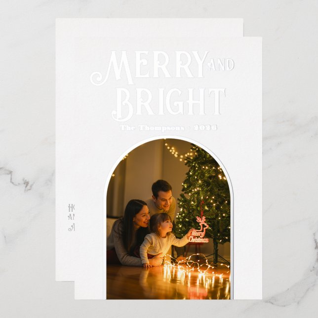 Modern White & Silver Christmas Photo Foil Holiday Card (Front/Back)