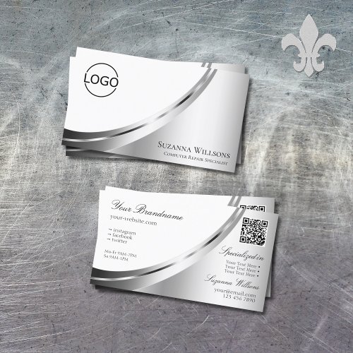 Modern White Silver Decor with Logo and QR Code Business Card