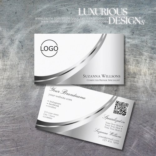 Modern White Silver Decor with Logo and QR Code Business Card