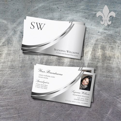Modern White Silver Decor with Monogram and Photo Business Card