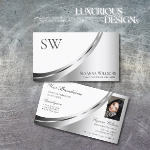 Modern White Silver Decor with Monogram and Photo Business Card