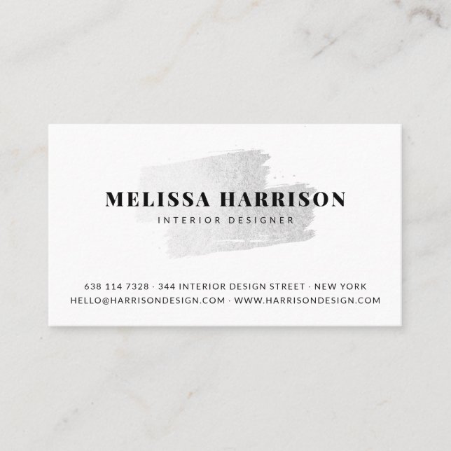 Modern white silver foil brushstroke logo photo business card (Front)