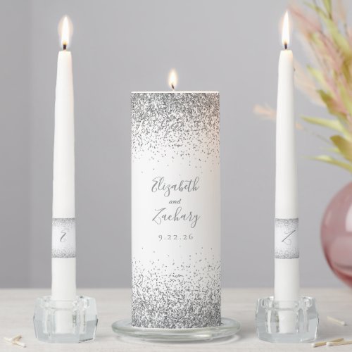 Modern White Silver Glitter Edge Unity Candle Set