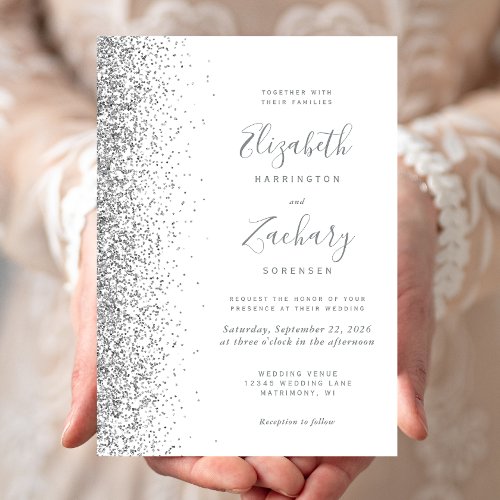 Modern White Silver Glitter Edge Wedding Invitation