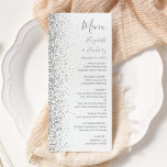 Modern White Silver Glitter Edge Wedding Menu<br><div class="desc">The left-hand edge of this elegant modern wedding menu features a silver faux glitter design. The customizable text combines gray handwriting,  copperplate and italic fonts on a white background. The reverse side features a matching white and silver glitter design.</div>