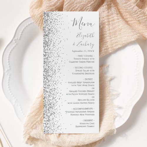 Modern White Silver Glitter Edge Wedding Menu