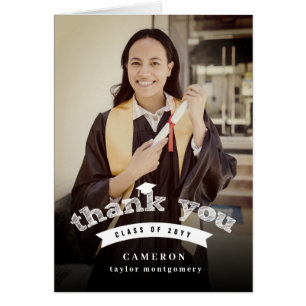 Modern White Sketch Graduation Cap Photo Thank You Cards
