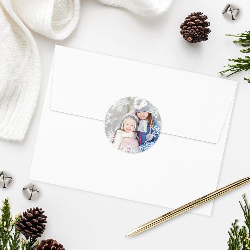 Modern White Snowflake Border Holiday Photo Classic Round Sticker