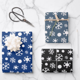 Modern White Snowflakes Blue and Black Christmas Wrapping Paper Sheets