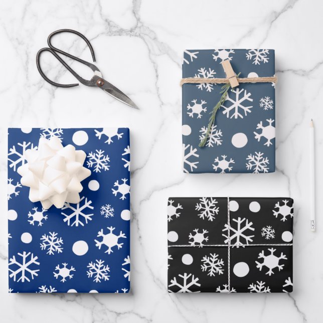 Modern White Snowflakes Blue and Black Christmas Wrapping Paper Sheets (Front)