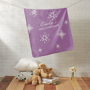 Modern White Snowflakes Name Purple Baby Blanket
